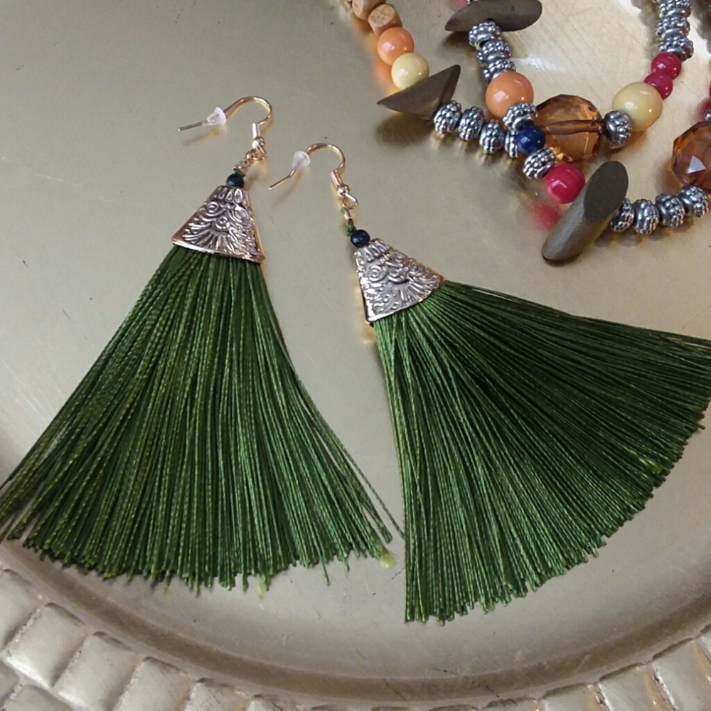 NWOT,  Gold and olive green, tassel earrings